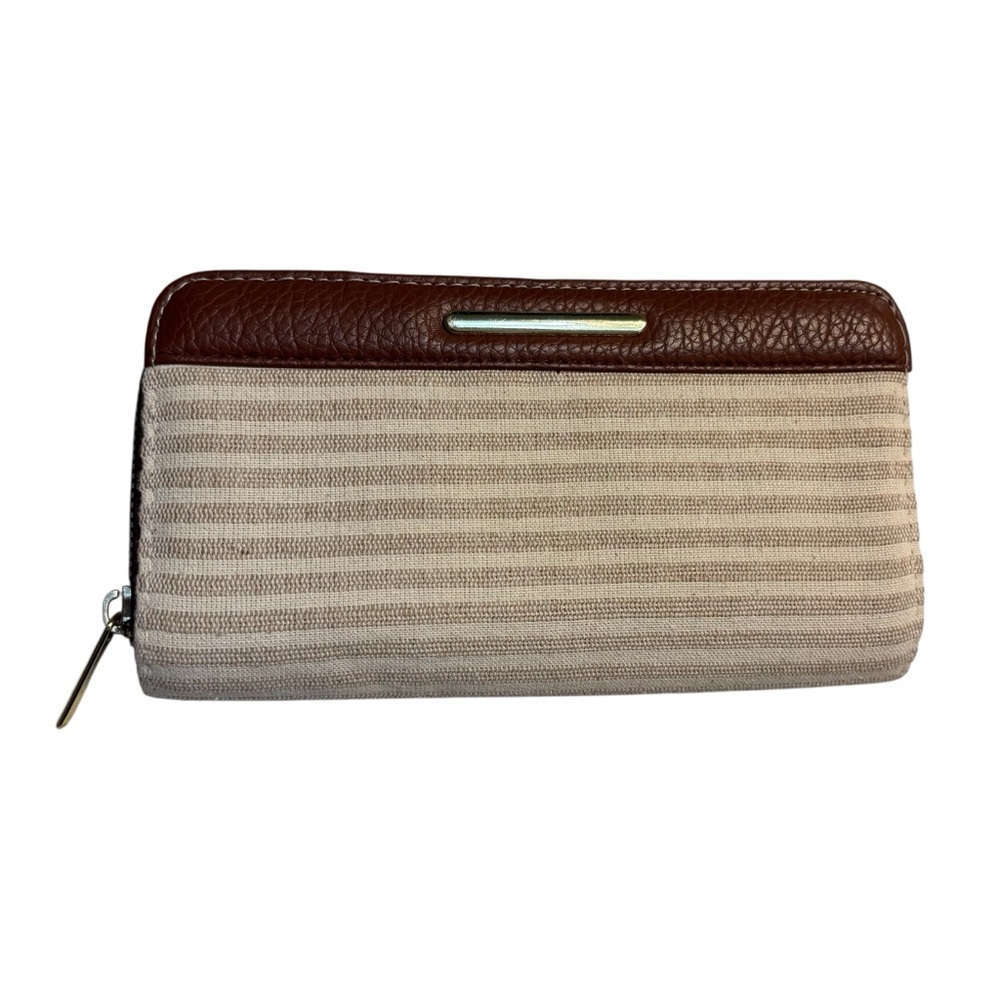 Wallet Beige Striped Fabric Brown Faux Leather Trim Gold Hardware Zip Snap